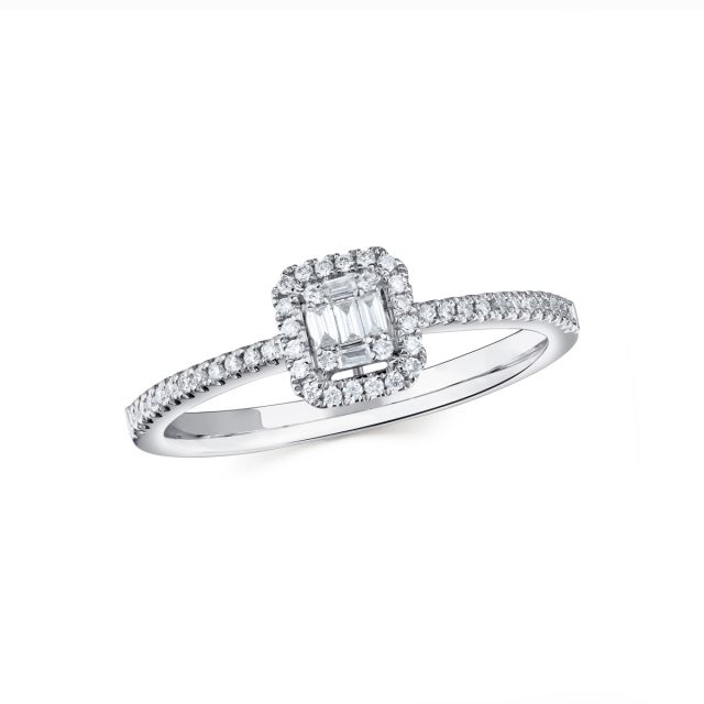 Inel din aur alb de 18K cu diamante baghetă și rotunde cu montură de tip iluzie (0,170 ct)