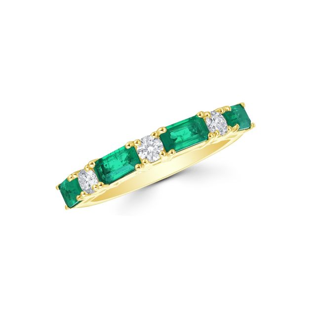 Inel semi-eternity din aur galben de 14K cu smaralde cu tăietură emerald și diamante rotunde
