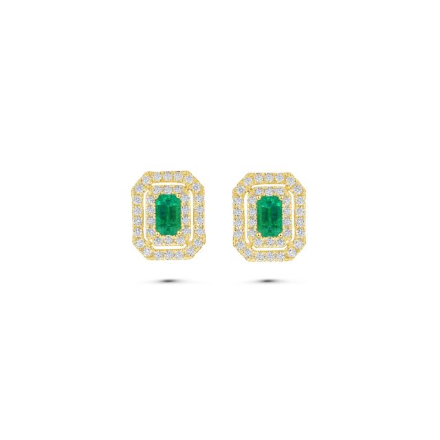 Cercei din aur galben de 14K cu smaralde cu tăietură emerald și diamante