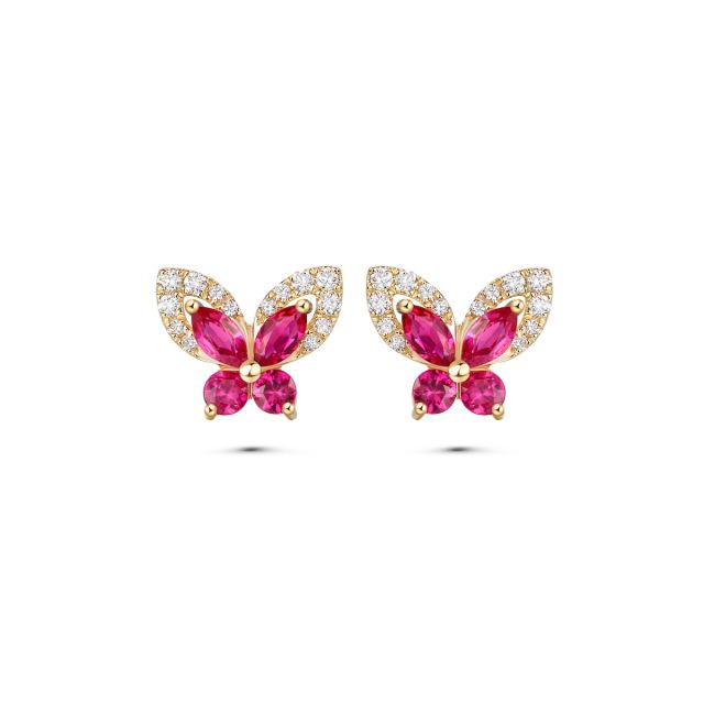 Cercei în formă de fluture din aur galben de 14K cu rubine marchiză și diamante