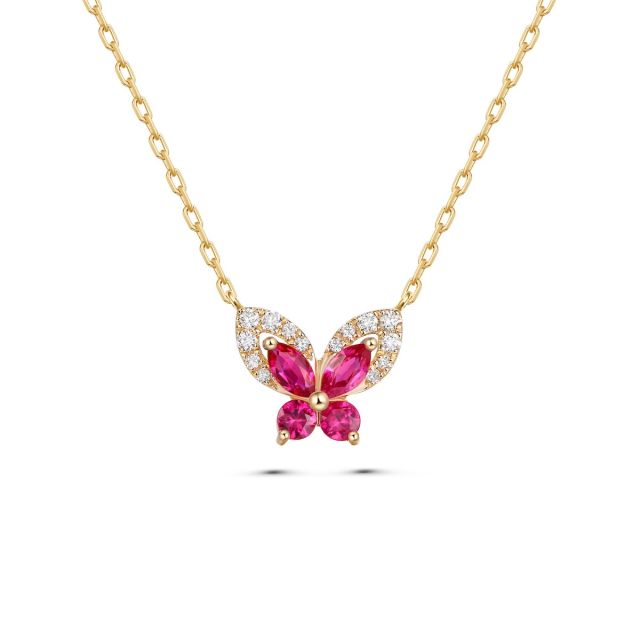 Colier cu fluture din aur galben de 14K cu rubine marchiză și diamante