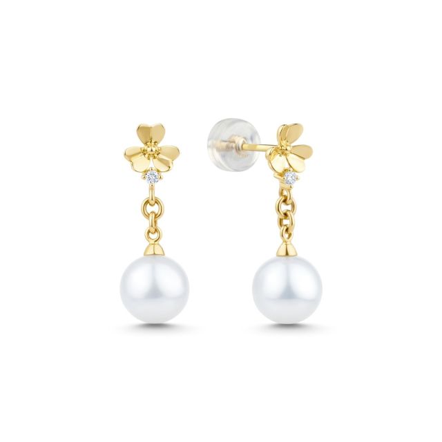 Cercei lungi cu floare din aur de 18K cu perle și diamante