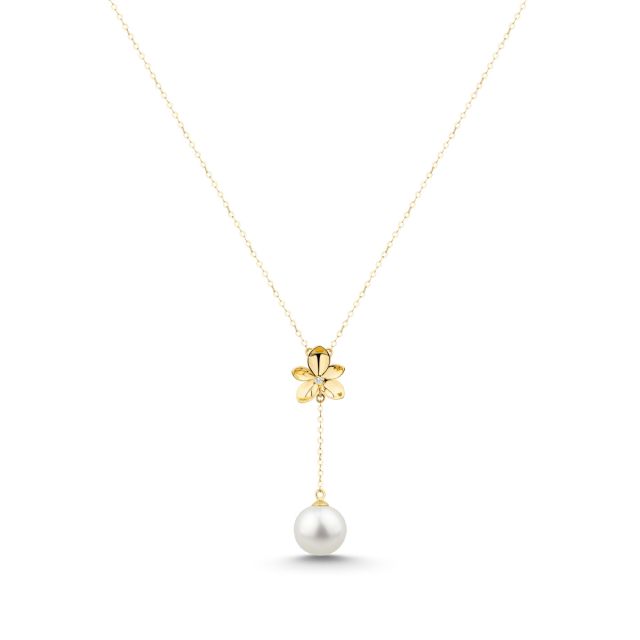 Colier cu floare din aur de 18K cu perlă și diamant