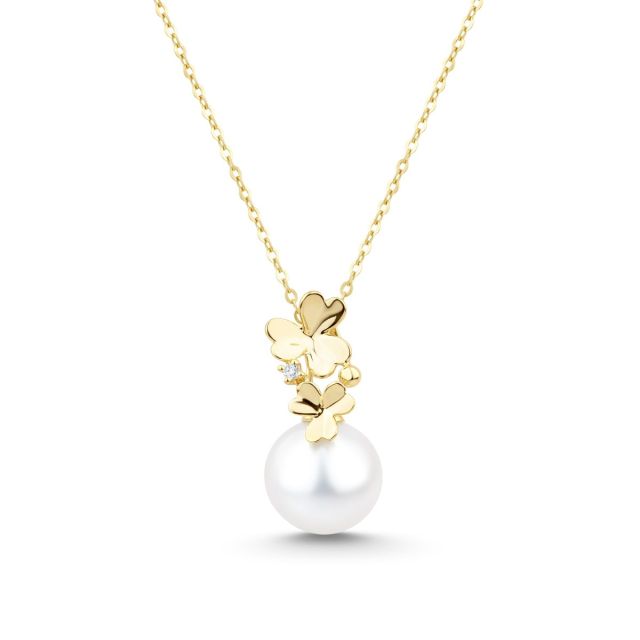 Colier cu floare din aur de 18K cu perlă și diamant