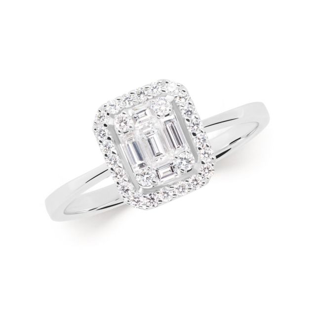 Inel din aur alb de 18K cu diamante baghetă și rotunde cu montură de tip iluzie (0,49 ct)