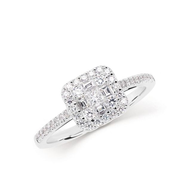 Inel din aur alb de 18K cu diamante baghetă și rotunde cu montură de tip iluzie (0,59 ct)