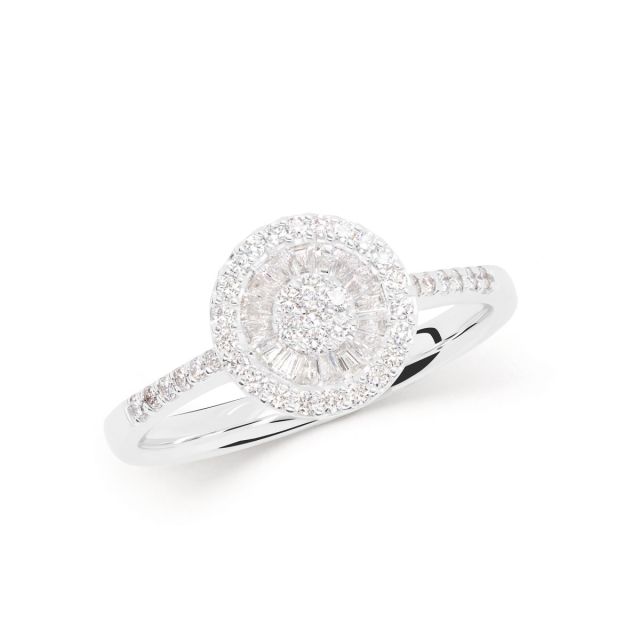 Inel din aur alb de 18K cu diamante baghetă și rotunde (0,40 ct)