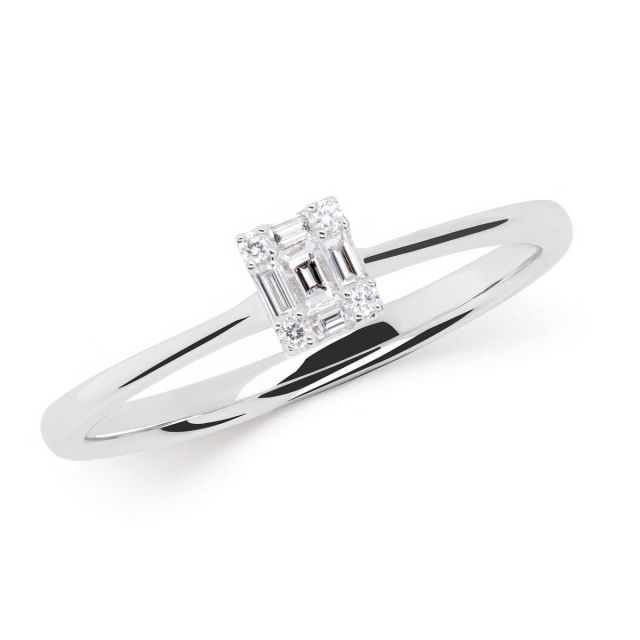 Inel din aur alb de 18K cu diamante baghetă și rotunde cu montură de tip iluzie (0,15 ct)