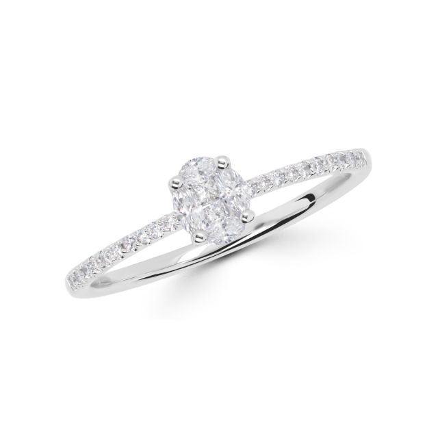 Inel din aur alb de 18K cu formă ovală cu diamante princess și marchiză cu montură de tip iluzie (0,26 ct)