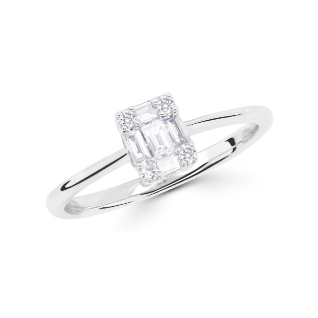 Inel din aur alb de 18K cu diamante baghetă și rotunde cu montură de tip iluzie (0,26 ct)