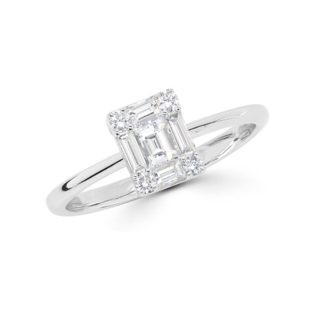 Inel din aur alb de 18K cu diamante baghetă și rotunde cu montură de tip iluzie (0,47 ct)