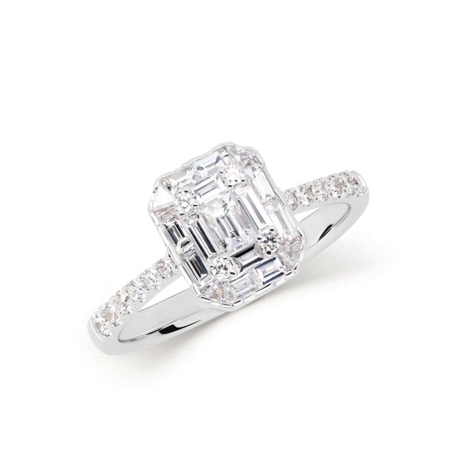 Inel din aur alb de 18K cu diamante baghetă și rotunde cu montură de tip iluzie (0,82 ct)