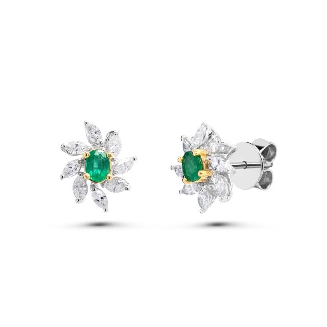 Cercei din aur alb și galben de 18K cu smaralde ovale și diamante marchiză