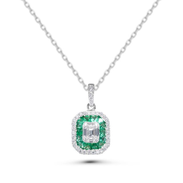 Pandantiv din aur alb de 18K cu smaralde și diamante cu montură de tip iluzie