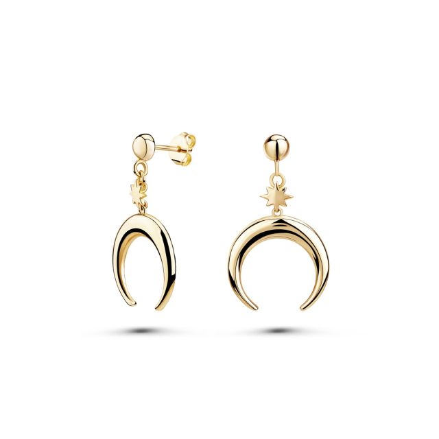 Cercei lungi cu lună și stea din aur galben de 14K