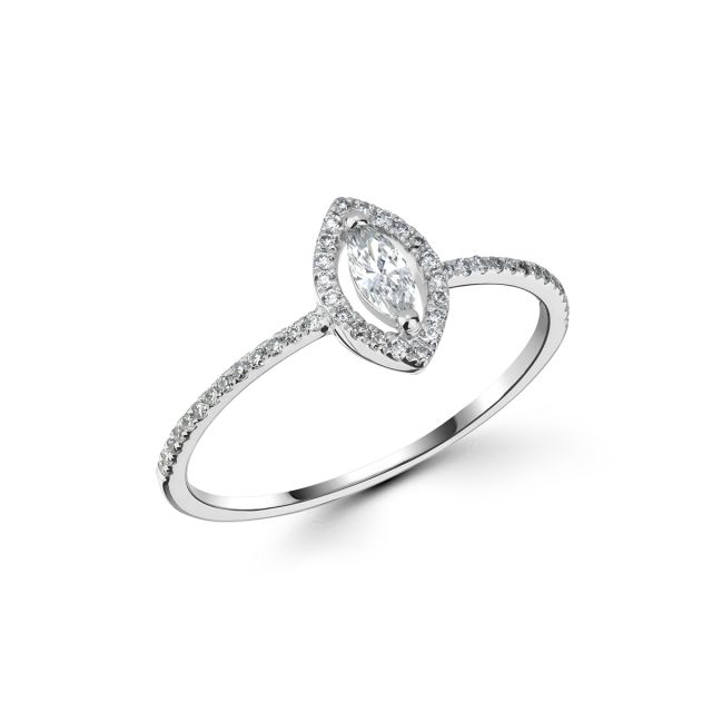 Inel din aur alb de 18K cu diamant marchiză și diamante rotunde de 0,24 ct
