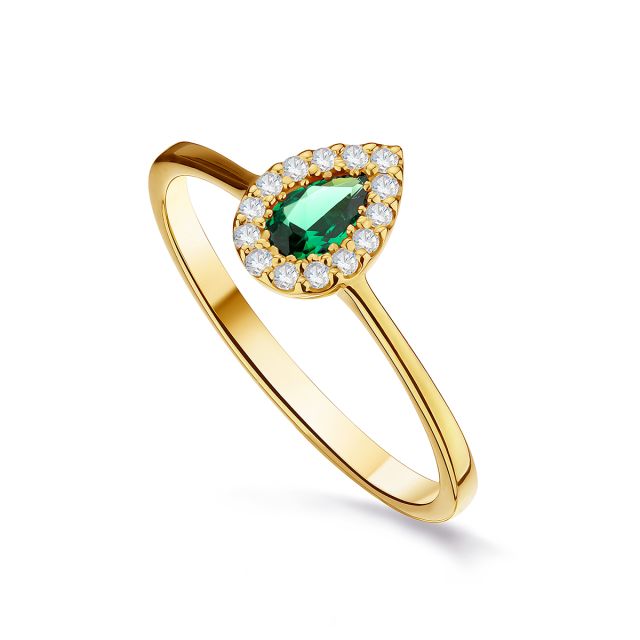 Inel Augusta din aur de 18K cu smarald lacrimă de laborator și diamante naturale