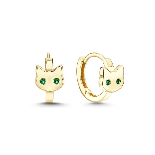 Cercei rotunzi Rumba pentru copii cu pisicuțe din aur de 14K cu smaralde