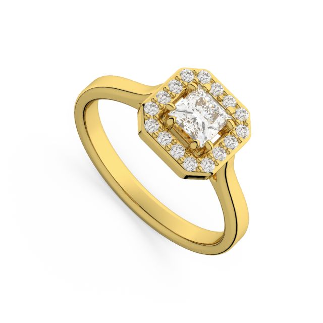 Inel de logodnă DR406 din aur galben de 18K cu diamant cu tăietură princess și diamante rotunde (0,386 ct)