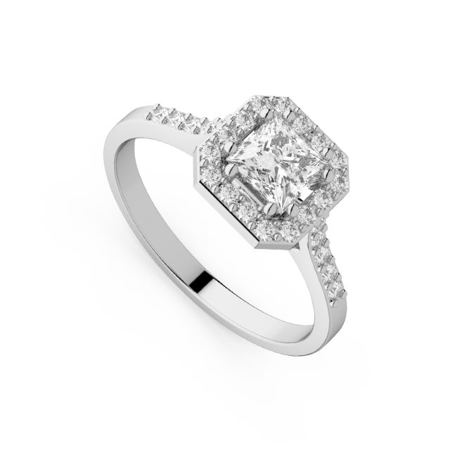 Inel de logodnă DR406A din aur alb de 18K cu diamant cu tăietură princess și diamante rotunde (0,700 ct)