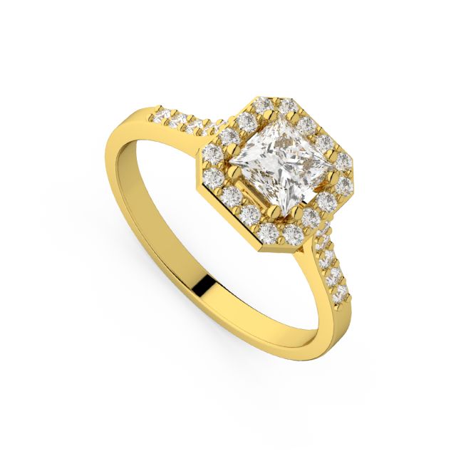 Inel de logodnă DR406A din aur galben de 18K cu diamant cu tăietură princess și diamante rotunde (0,780 ct, Certificat GIA)
