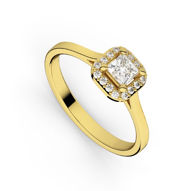 Inel de logodnă DR407 din aur galben de 18K cu diamant cu tăietură princess și diamante rotunde (0,276 ct)