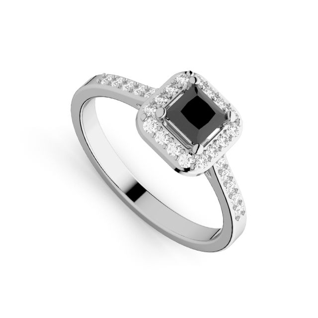 Inel de logodnă DR407A din aur alb de 18K cu diamant negru cu tăietură princess și diamante albe rotunde (0,260 ct și 0,156 ct)
