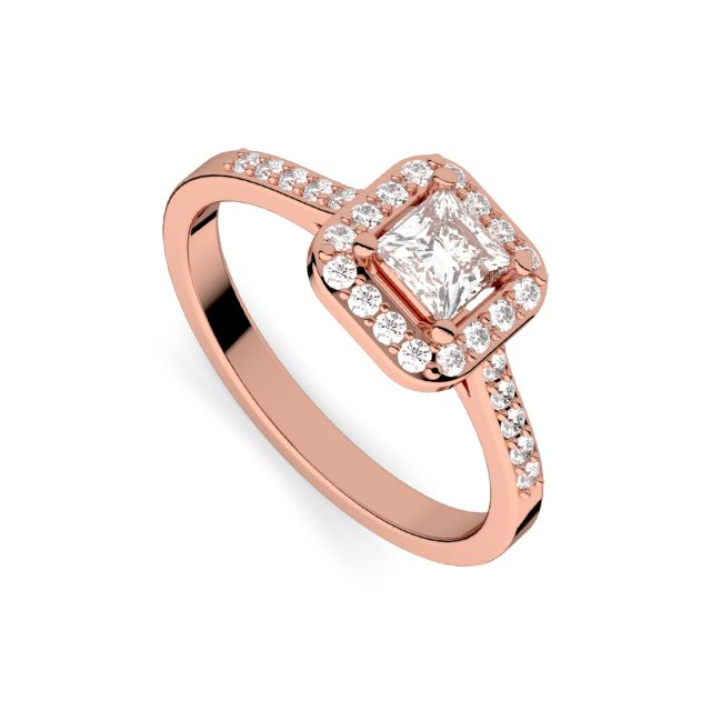 Inel de logodnă DR407A din aur roz de 18K cu diamant cu tăietură princess și diamante rotunde (0,230 ct)