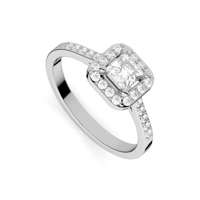 Inel de logodnă DR407A din aur alb de 18K cu diamant cu tăietură princess și diamante rotunde (0,442 ct)