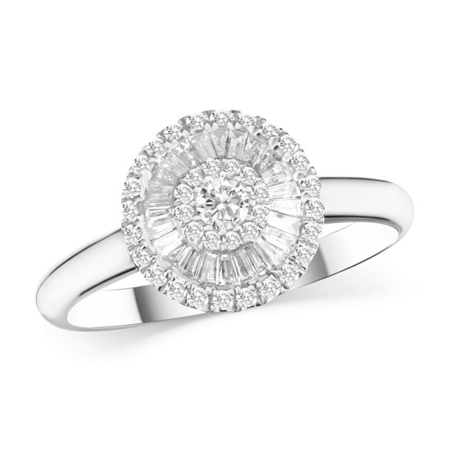 Inel din aur alb de 18K cu diamante rotunde și baghetă (0,46 ct)