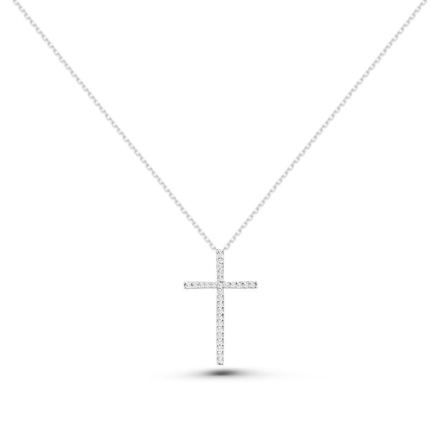 Pandantiv cruce din aur alb de 18K cu diamante (0,12 ct)