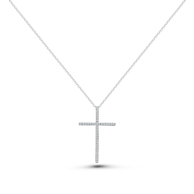 Pandantiv cruce din aur alb de 18K cu diamante (0,15 ct)