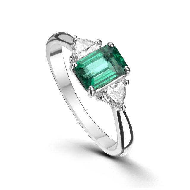Inel Calypso din aur alb de 18K cu smarald cu tăietură emerald și diamante cu tăietură trillion