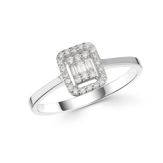 Inel din aur alb de 14K cu diamante baghetă și rotunde de 0,19 ct