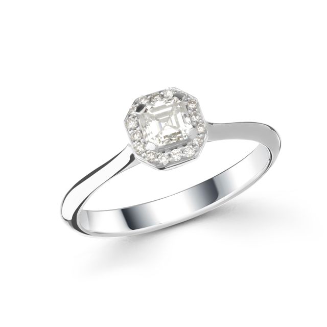 Inel din aur alb de 14K cu diamant cu tăietură Asscher și diamante rotunde (0,46 ct)