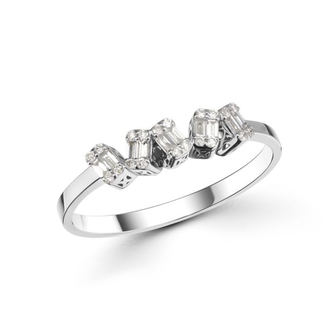 Inel din aur alb de 14K cu diamante baghetă și rotunde de 0,15 ct