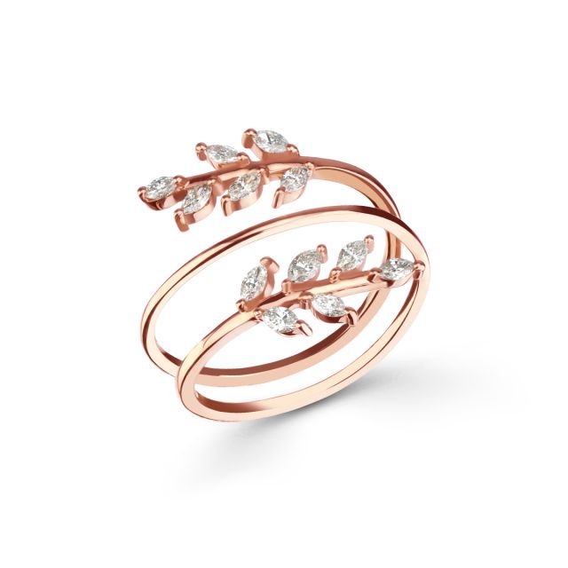 Inel spiralat din aur roz de 14K cu diamante marchiză în formă de frunze (0,33 ct)