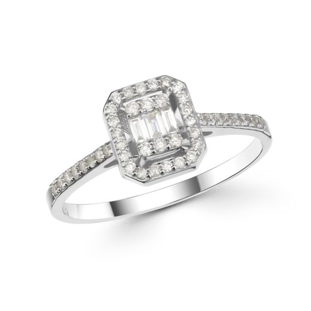 Inel din aur alb de 14K cu diamante baghetă și rotunde de 0,27 ct