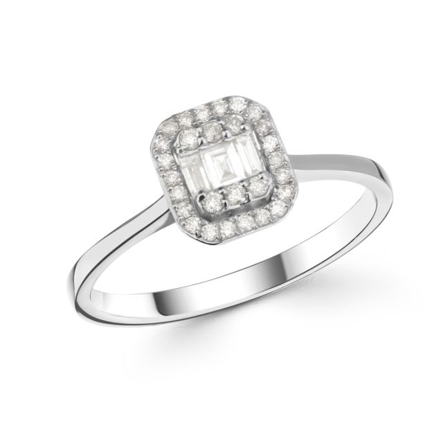 Inel din aur alb de 14K cu diamante baghetă și rotunde de 0,23 ct