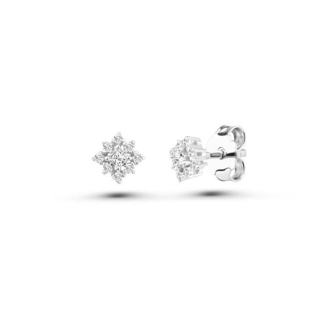 Cercei din aur alb de 14K cu diamante cu tăietură princess și diamante rotunde (0,100 ct)