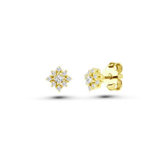 Cercei din aur galben de 14K cu diamante cu tăietură princess și diamante rotunde (0,140 ct)