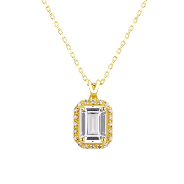 Lanț cu pandativ din aur de 14K cu safir alb cu tăietură emerald și diamante