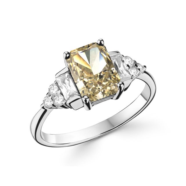 Inel Elisa din aur alb de 14K cu piatră cubic zirconia colorată cu tăietură emerald