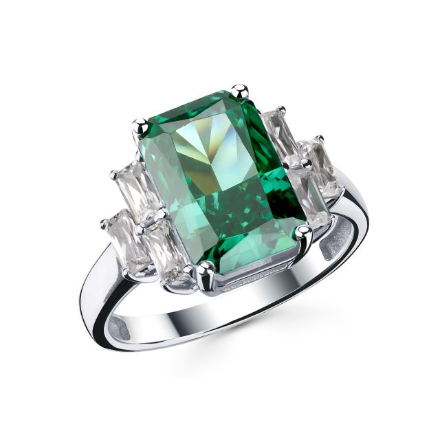 Inel Vanessa din aur alb de 14K cu piatră cubic zirconia verde cu tăietură emerald