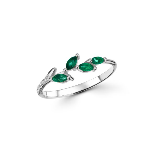 Inel Freesia din aur de 18K cu smaralde marchiză și diamante
