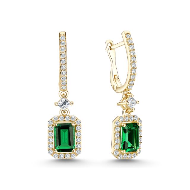 Cercei lungi Alessia din aur galben de 14K cu pietre cubic zirconia verzi cu tăietură emerald