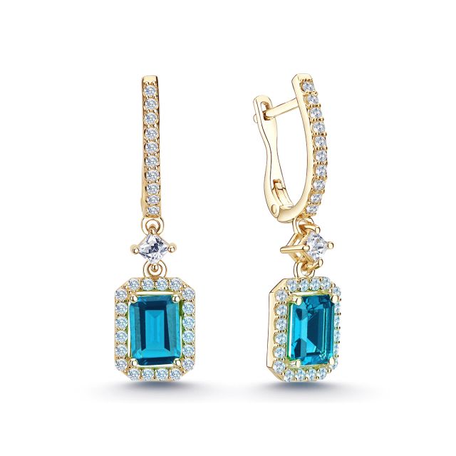 Cercei lungi Alessia din aur galben de 14K cu pietre cubic zirconia colorate cu tăietură emerald