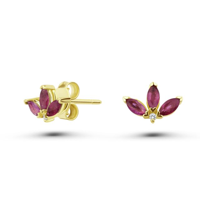 Cercei Peony Mini din aur de 18K cu trei rubine marchiză și diamante