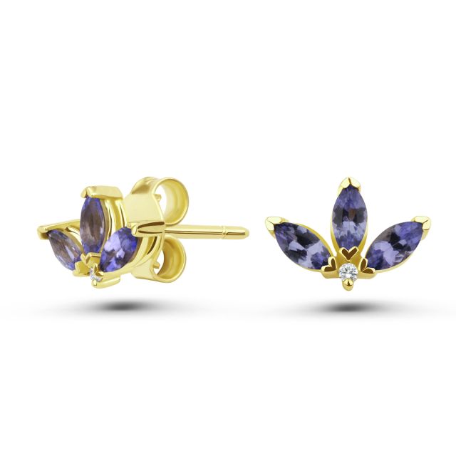 Cercei Peony din aur de 18K cu trei tanzanite marchiză și diamante