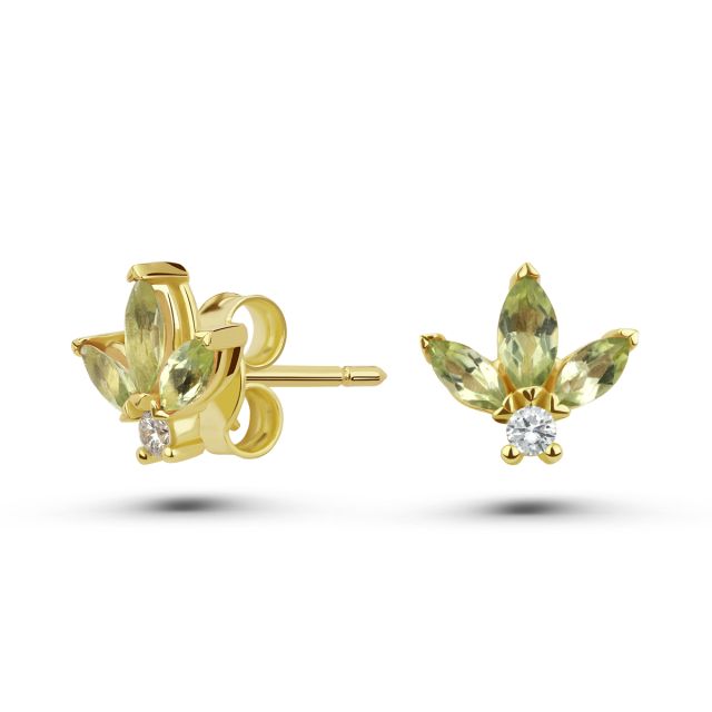 Cercei Lotus din aur de 18K cu trei peridote marchiză și diamante